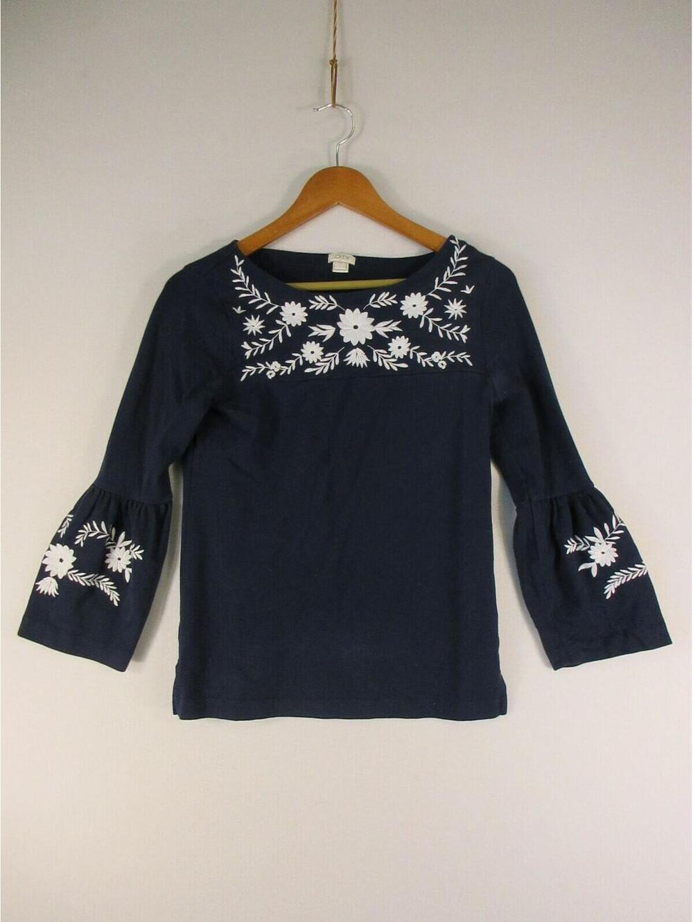 JCrew Top Womens XS Navy Embroidered Bell Sleeve Floral Knit Scoop Neck Pullover - Picture 1 of 6